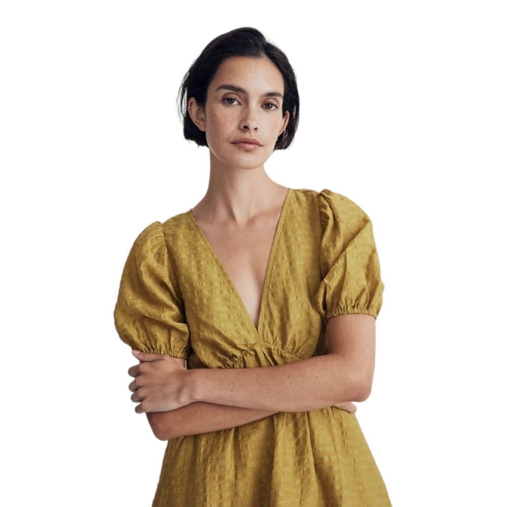 MADEWELL Puckered NWT Annamarie Short Sleeve V-Neck Mini Dress Citrus Lime 6